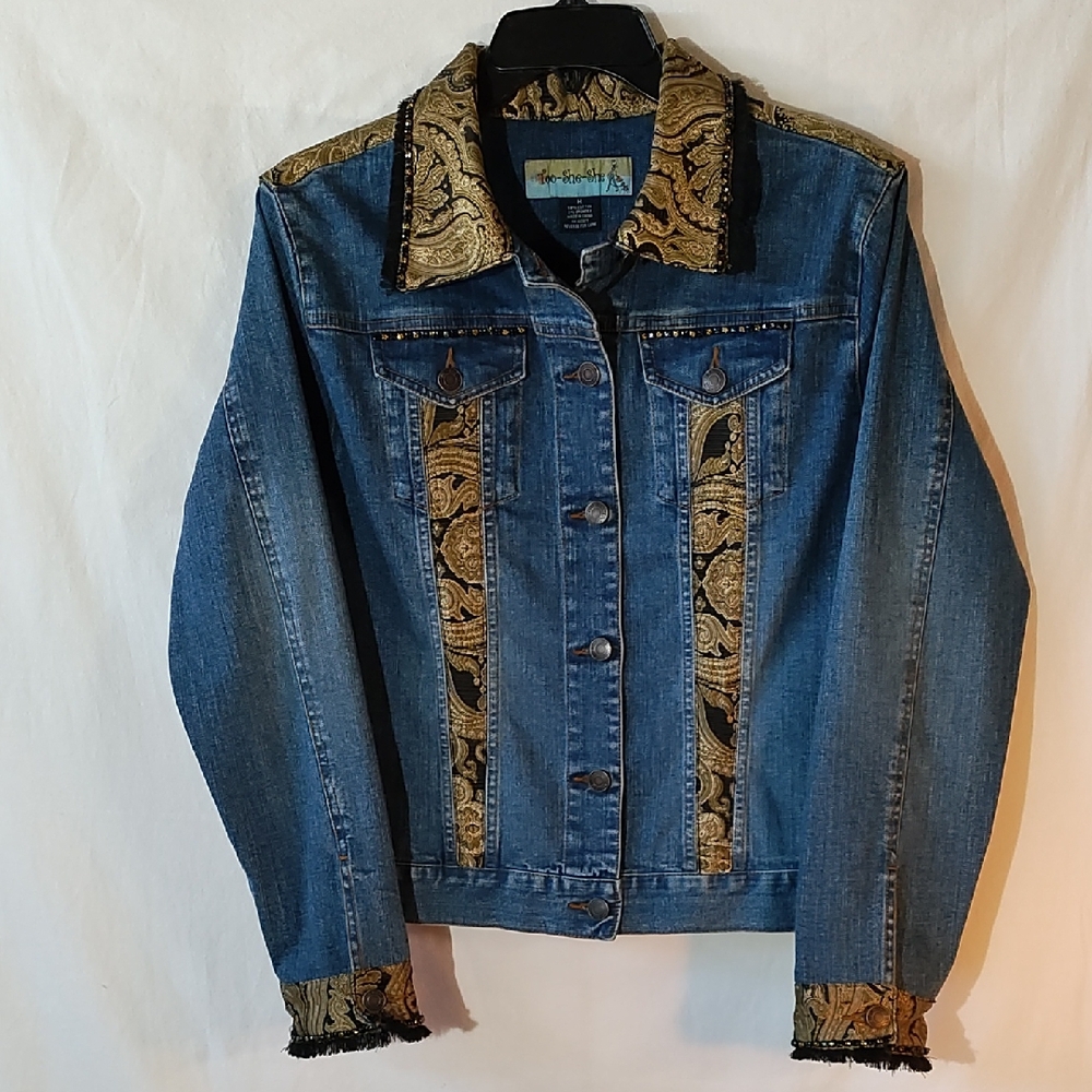 Too She She Denim Jacket with Paisley Inlay And Gem Details Size M.